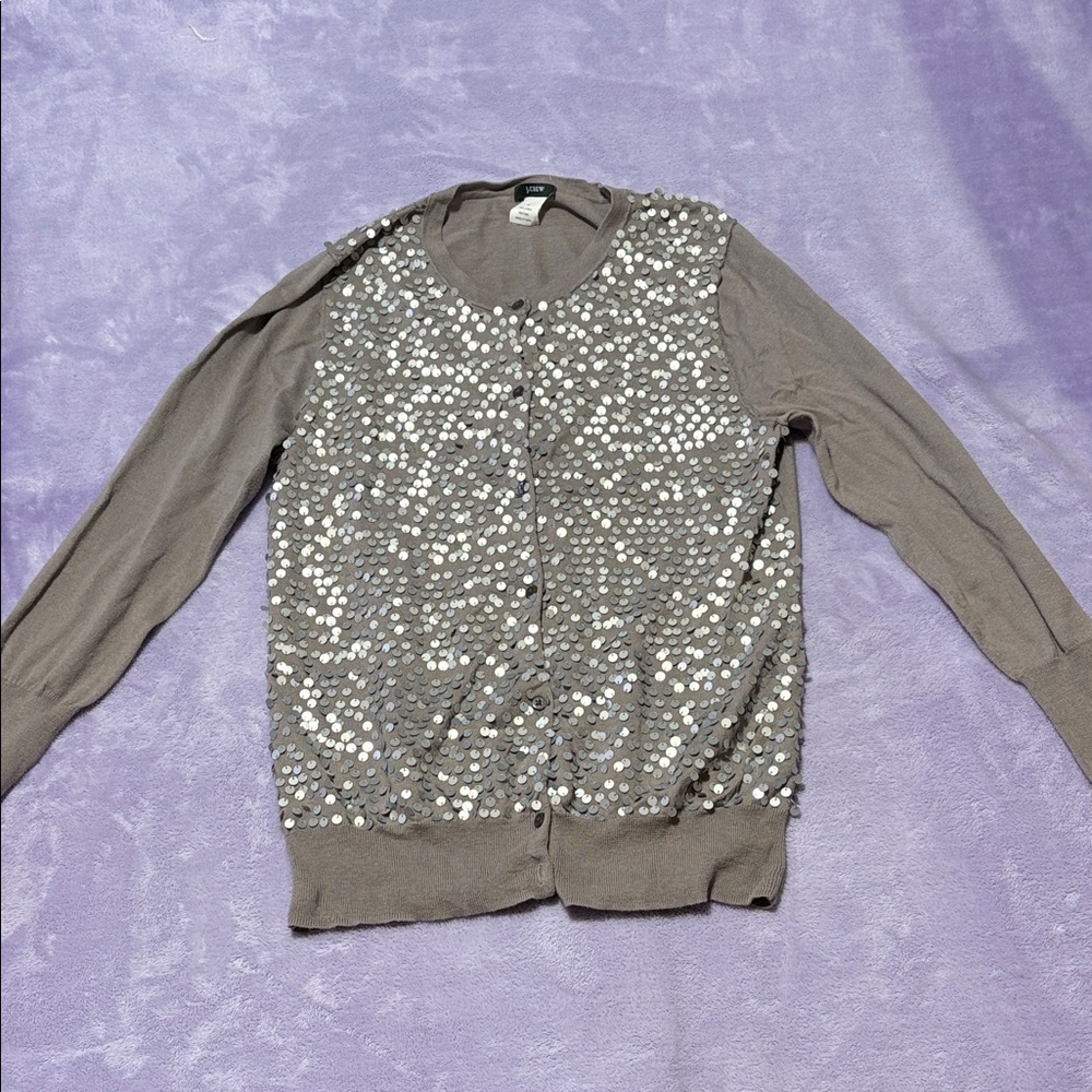 J.Crew Sequin Cardigan Sweater Taupe Silver Sparkle Size M